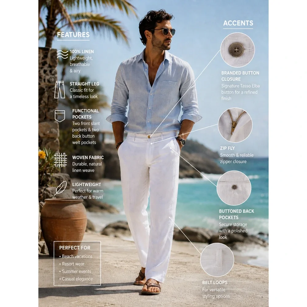 Tasso Elba Men’s 34x32 Flat Front Straight Leg 100% Linen Dress Pants White